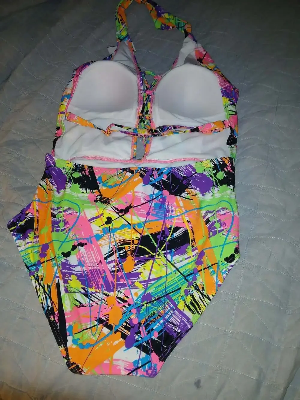 Neon Paint Splatter Halter One-Piece Swimsuit Size M